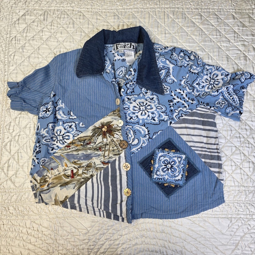 Womens Medium Boho Chic Coastal Patchwork Beaded Wood Cropped Button Up Shirt - Picture 2 of 14